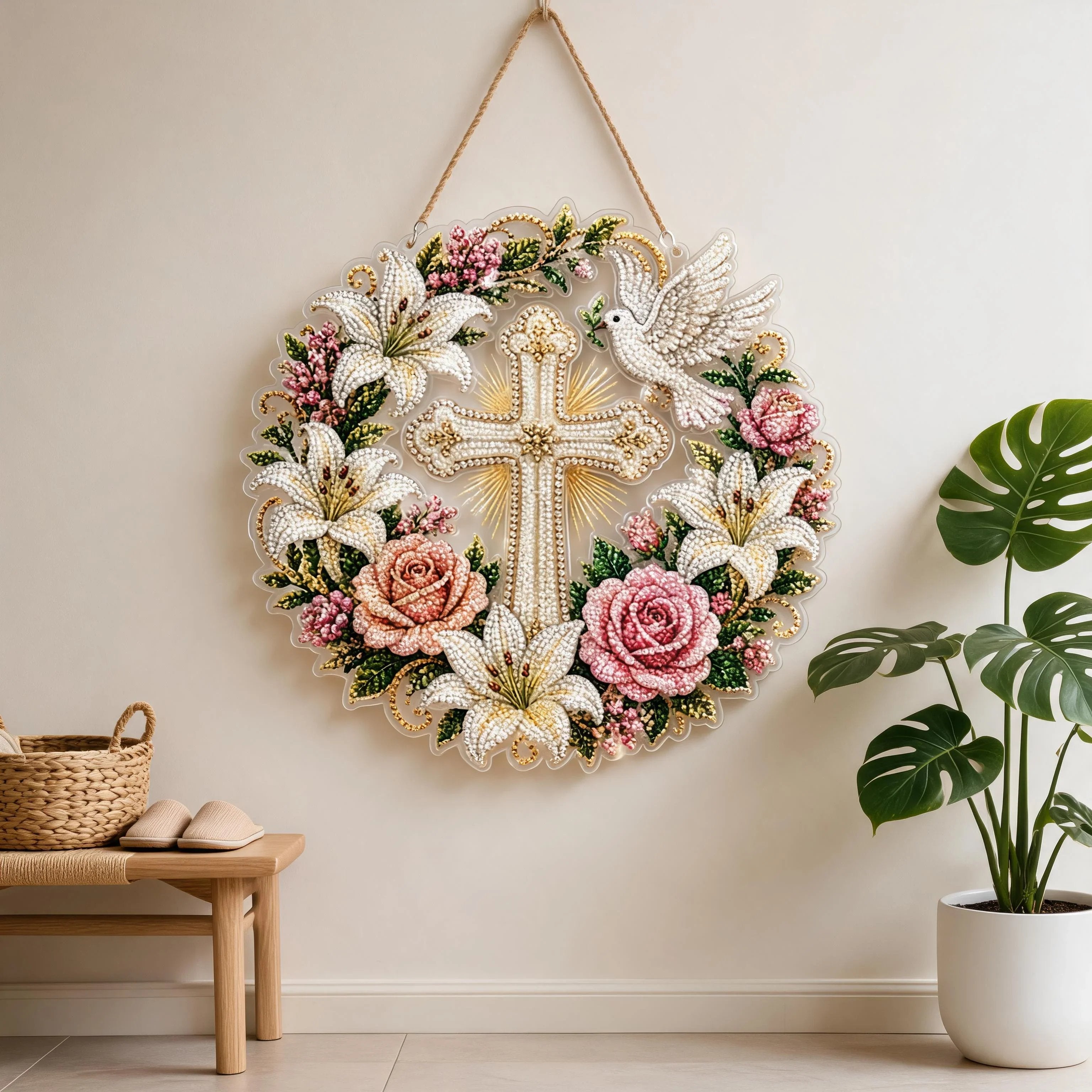 ✝️💐Cross, Flowers & Peace Dove Diamond Art Hanging Ornament Kit