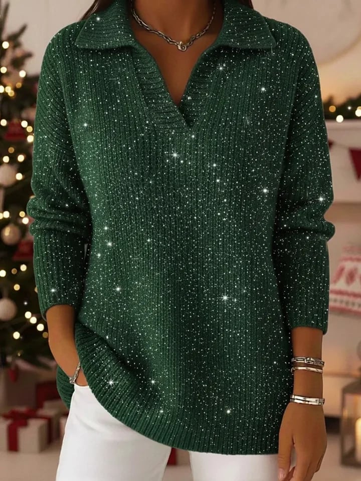 🎄 New Arrivals🔥 Christmas Party Polo Collar Shiny Loose Sweater Top
