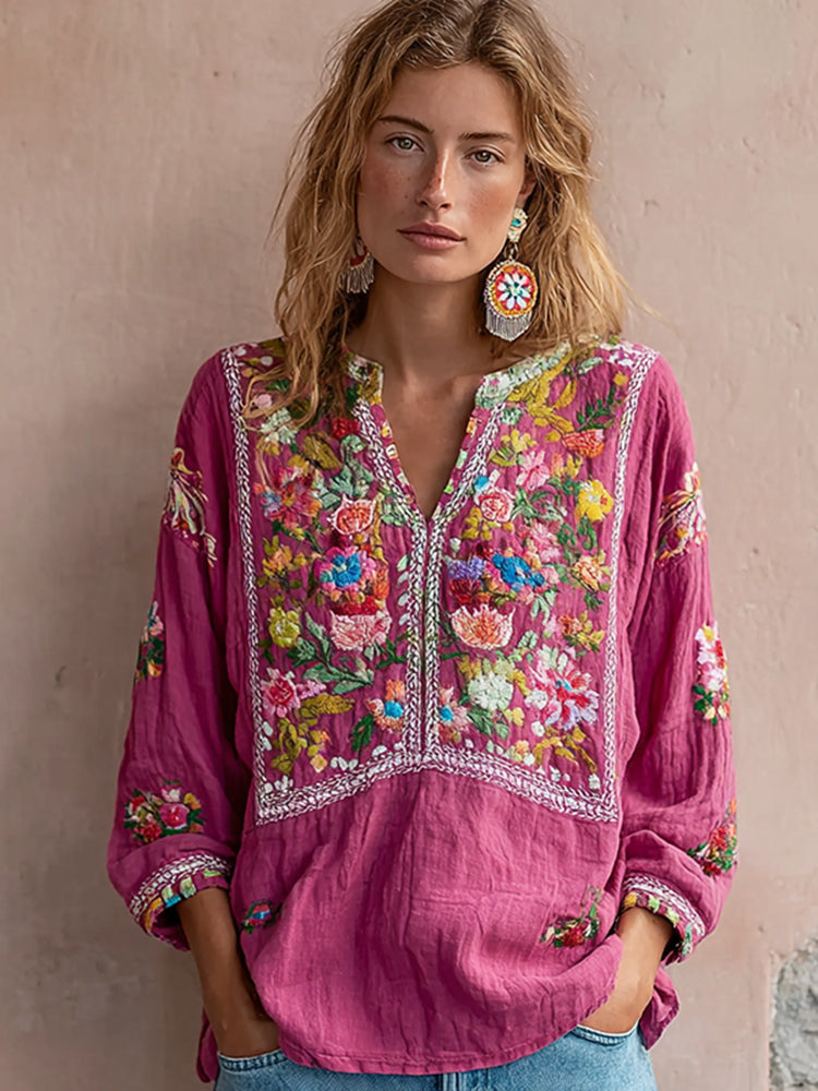 BloomGrace – Women’s V-neck Flower Embroidery Top