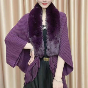 Knitted Fringed Fur-Neck Shawl marnetic