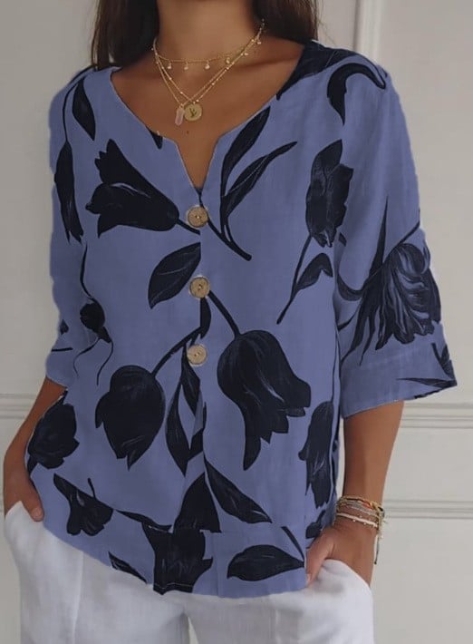 BreezeAura – Printed V-Neck Linen Blend Shirt