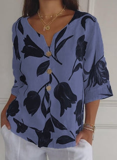 BreezeAura – Printed V-Neck Linen Blend Shirt