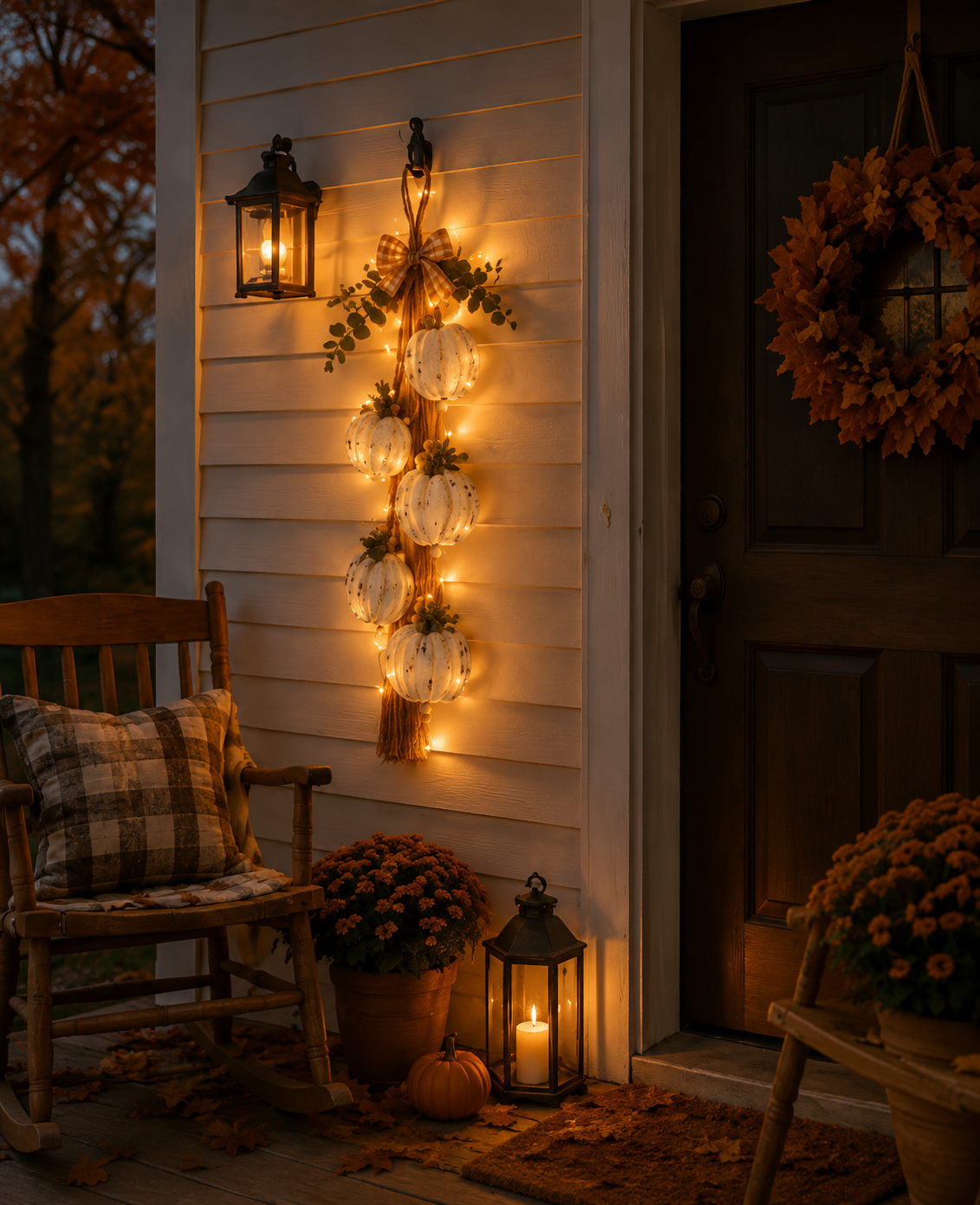 HarvestGlow – Rustic White Pumpkin Hanging Swag