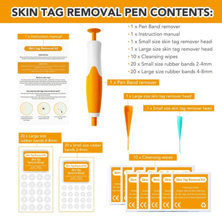 ClearSkin Pro Skin Tag Removal Kit contents including removal pen, applicator heads, bands, and user guide