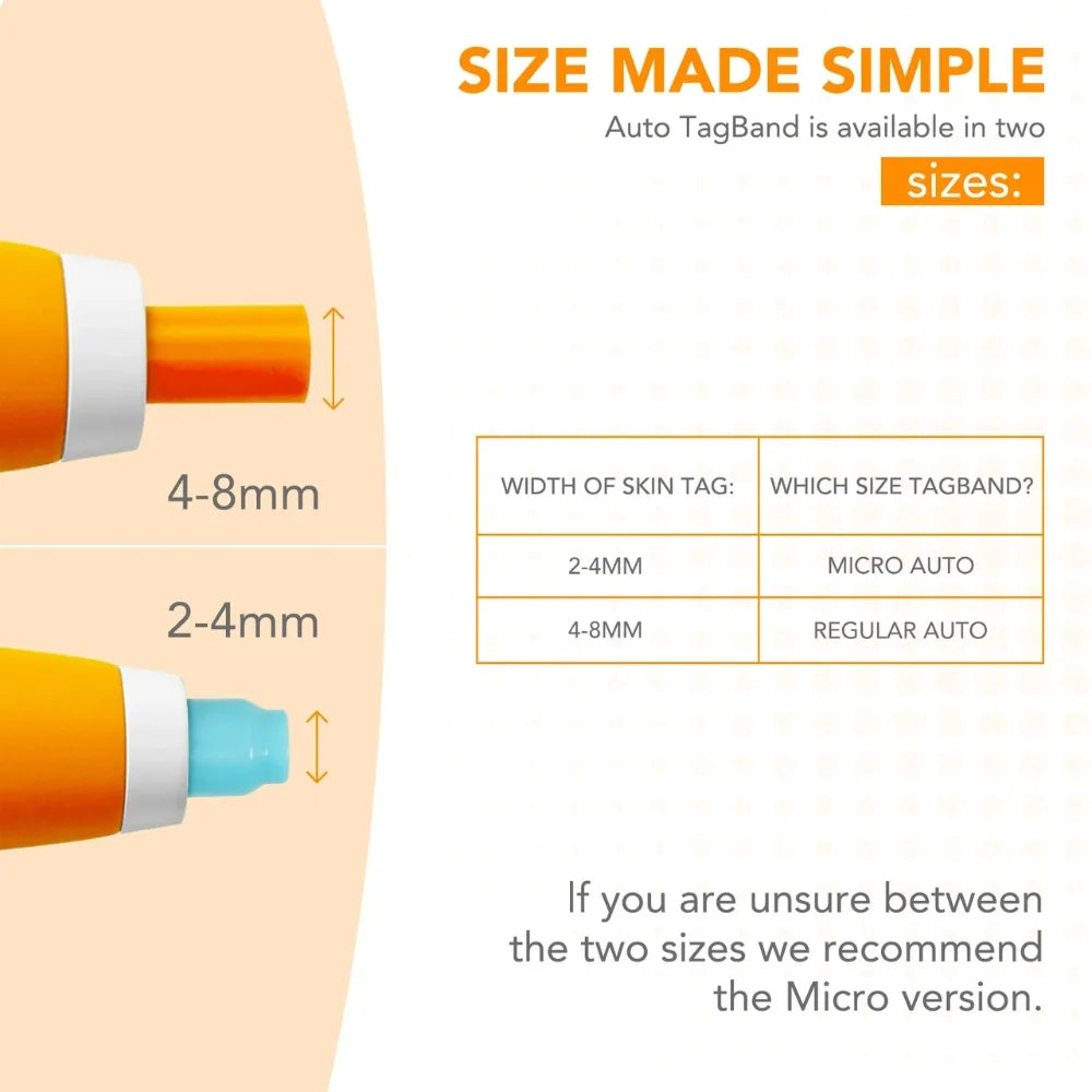 ClearSkin Pro Skin Tag Remover size chart showing micro and regular bands for safe skin tag removal at home