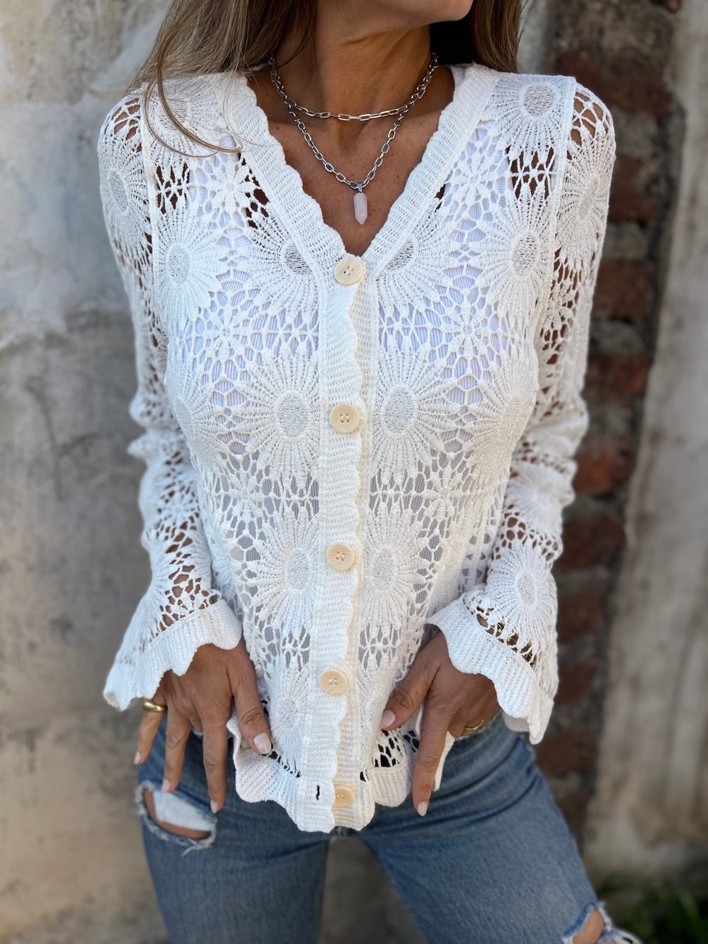 PetalGrace - Buttoned Cutout Embroidered Top