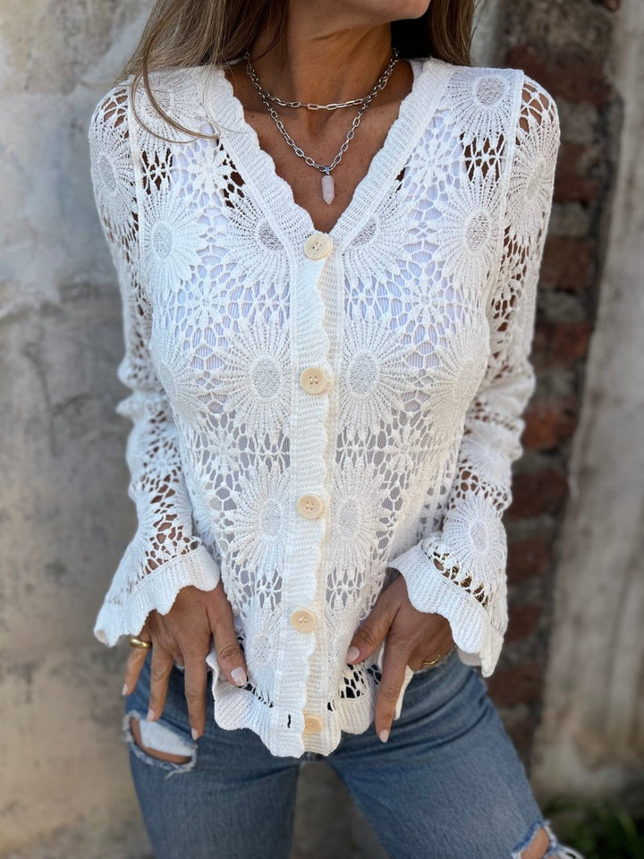 PetalGrace - Buttoned Cutout Embroidered Top