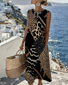 Patchwork Leopard Print Sleeveless Long Dress
