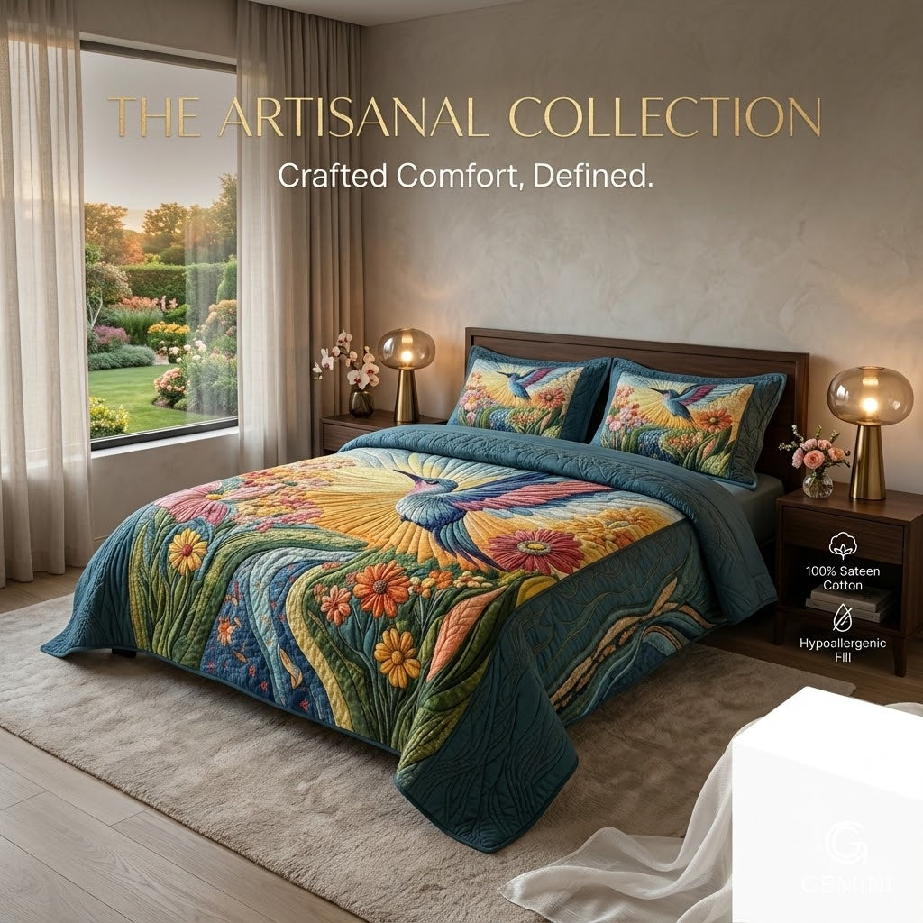 SerenityNest – Luxury Floral Hummingbird Quilt Set