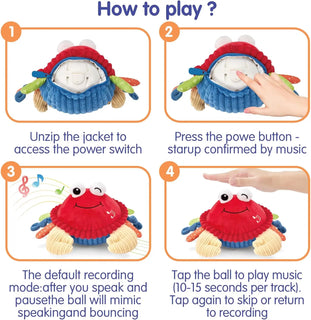 Musical Crab Plush Toy - 48 Songs & Repeat What You Say - Crawling Musical Dancing Walking Bouncing Moving Bouncing Talking Learning Crab-Sensory Toddler Toys for Birthday Tummy Time Toy 0-3 Months/6-12 Months,Mothersdaygift/newborngift
