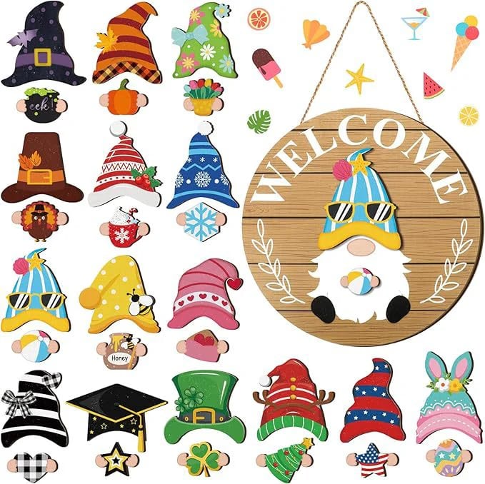 Season Promotion🌟Your Year-Round Festival of Creativity!🎄Interchangeable Wooden Gnome Welcome Sign🎈