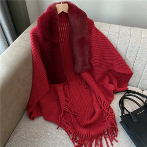 Knitted Fringed Fur-Neck Shawl marnetic