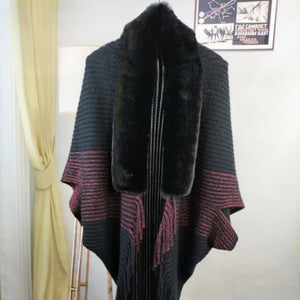 Knitted Fringed Fur-Neck Shawl