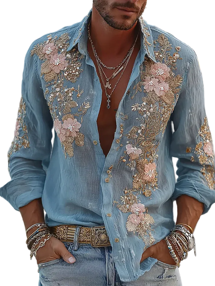 VintageBloom – Retro Floral Linen Shirt for Men
