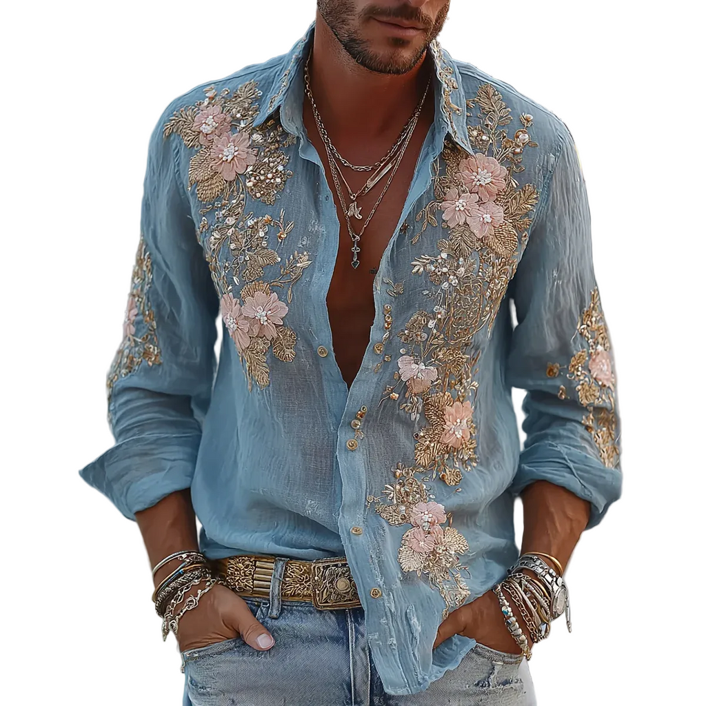 VintageBloom – Retro Floral Linen Shirt for Men