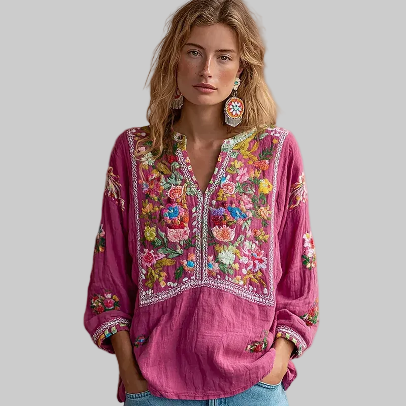 BloomGrace – Women’s V-neck Flower Embroidery Top