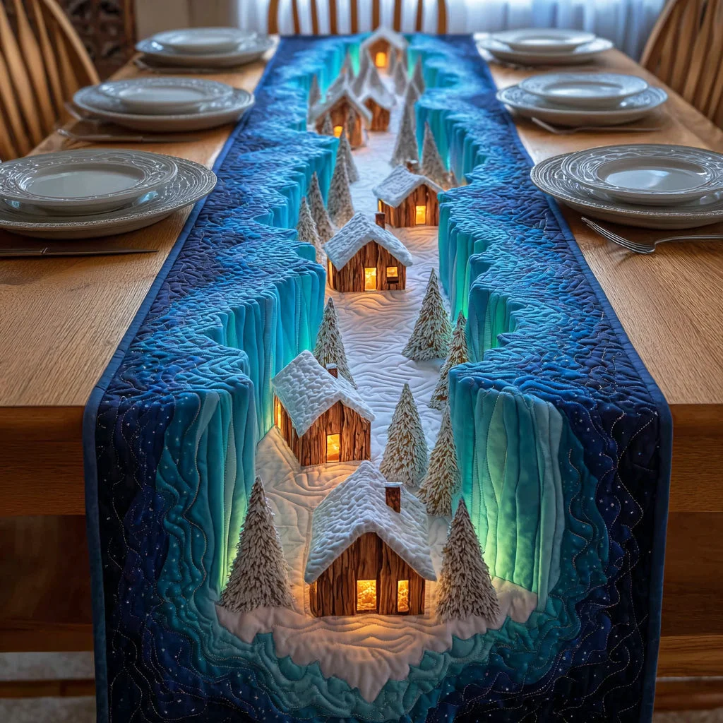 FrostedGlow – Elegant Winter Quilted Table Runner