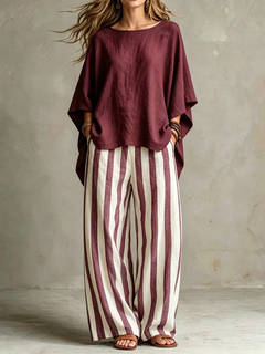 LinenLuxe – Women’s Striped Linen Set with Wide-Leg Trousers