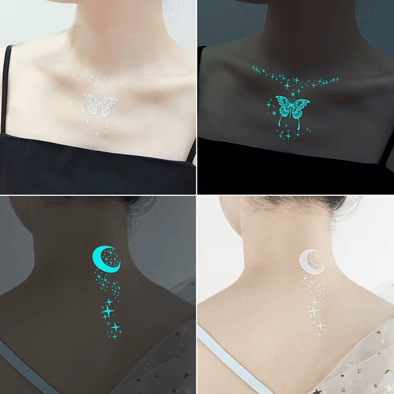 🔥Waterproof Blue Luminous Butterfly Tattoo Stickers - Temporary Body Art for Music Festivals & Parties