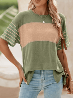 Womens Oversized Crewneck Casual Color Block Striped Shirts Blouses