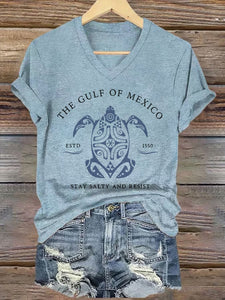 Women's Gulf Of Mexico Printed V Neck T-Shirt