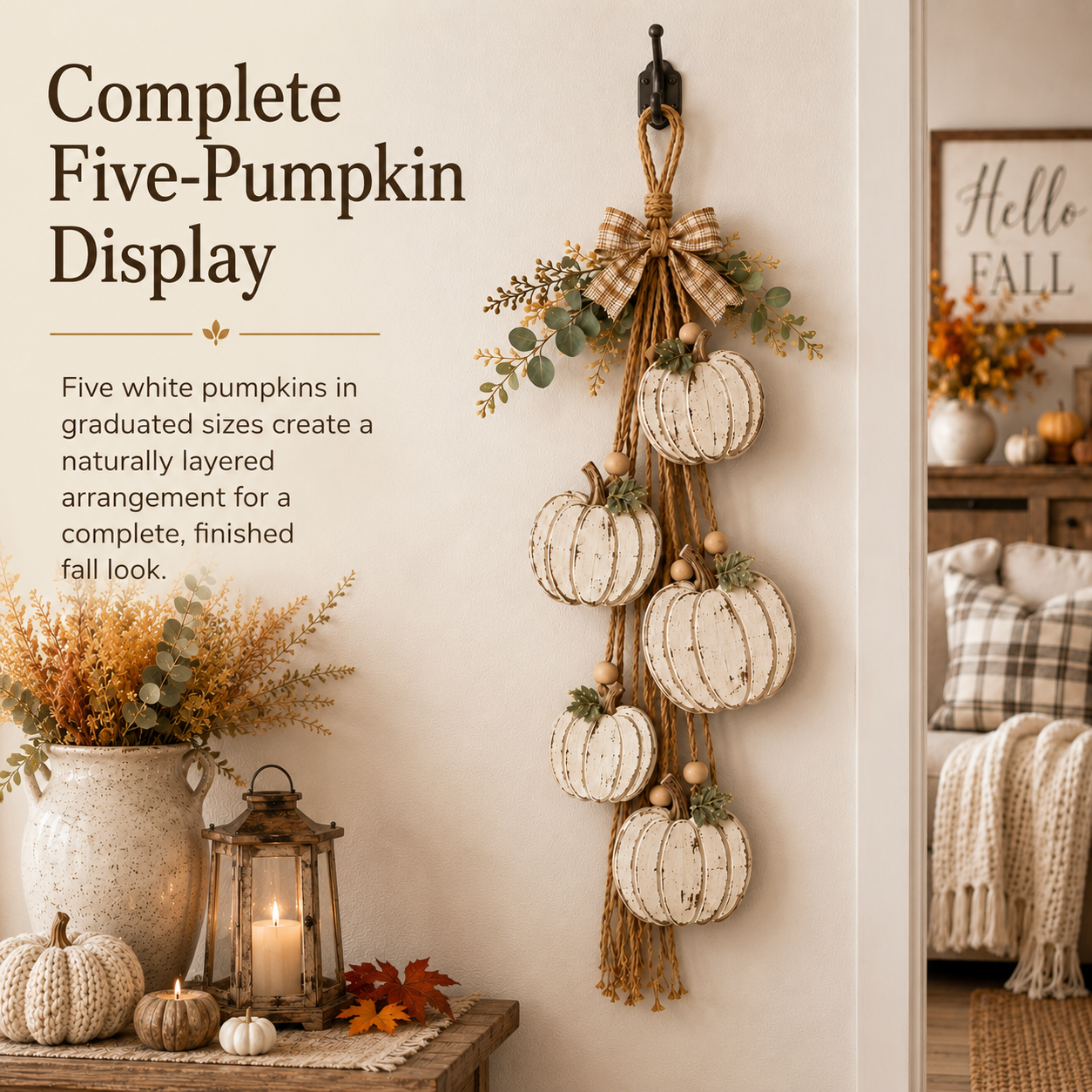 HarvestGlow – Rustic White Pumpkin Hanging Swag