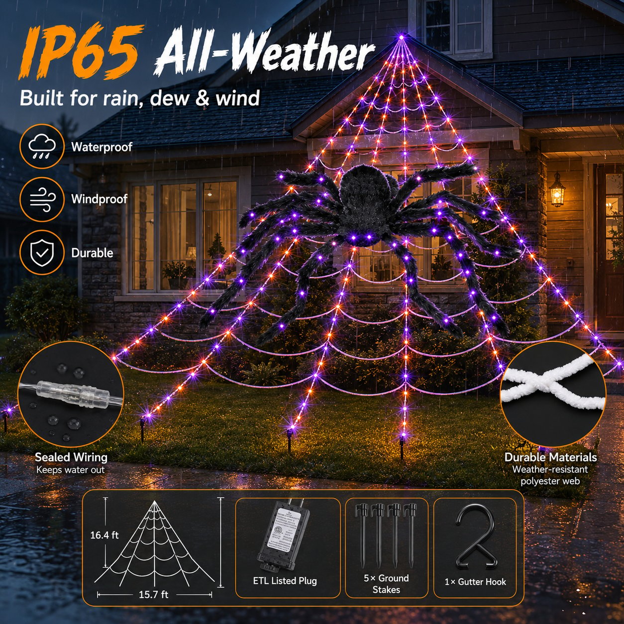 SpookGlow – Giant Purple LED Spider Web Lights