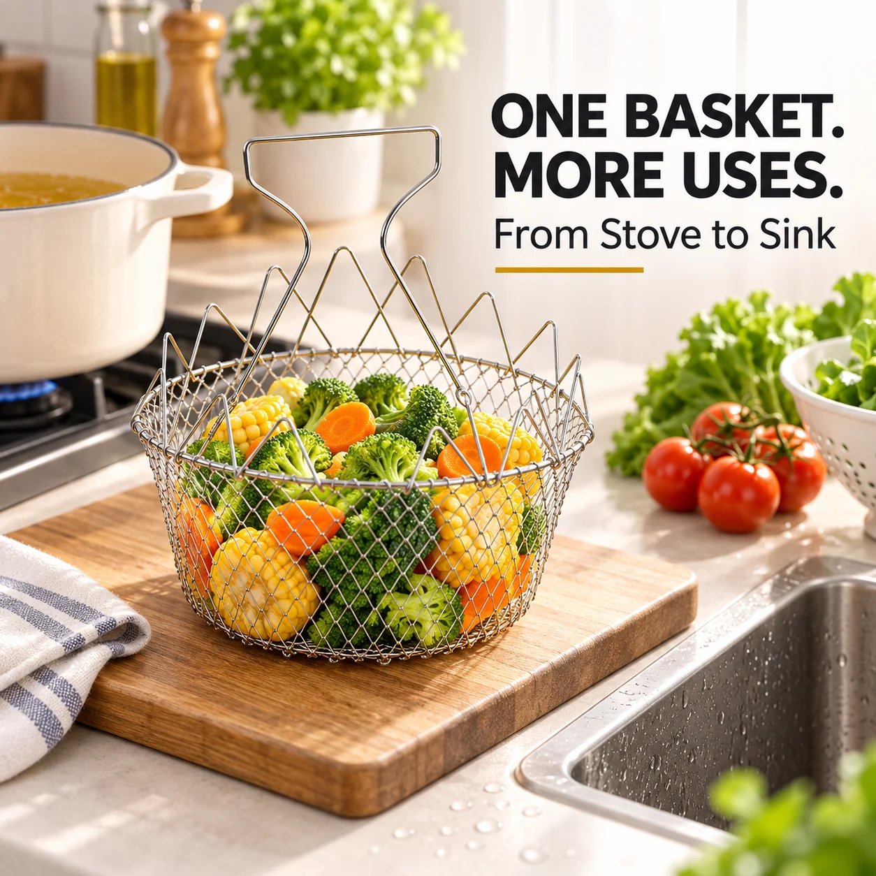 ChefFold – 🔥 Foldable Stainless Steel Frying Basket & Colander ✨