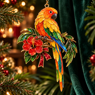 TropicGlow – Vintage Stained Glass-Style Parrot Christmas Ornaments