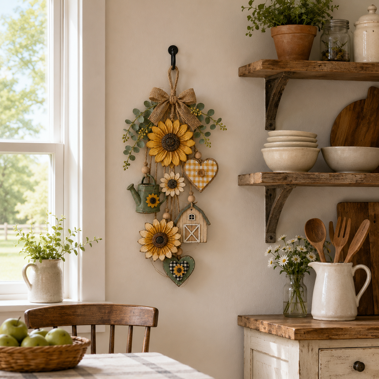 🌻SunnyHearth – Rustic Wooden Garden-Themed Hanging Ornament with Remote Control Fairy Lights
