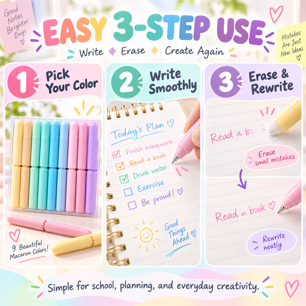 PastelGlide – 🏆✨ 9-Color Erasable Gel Pen Set