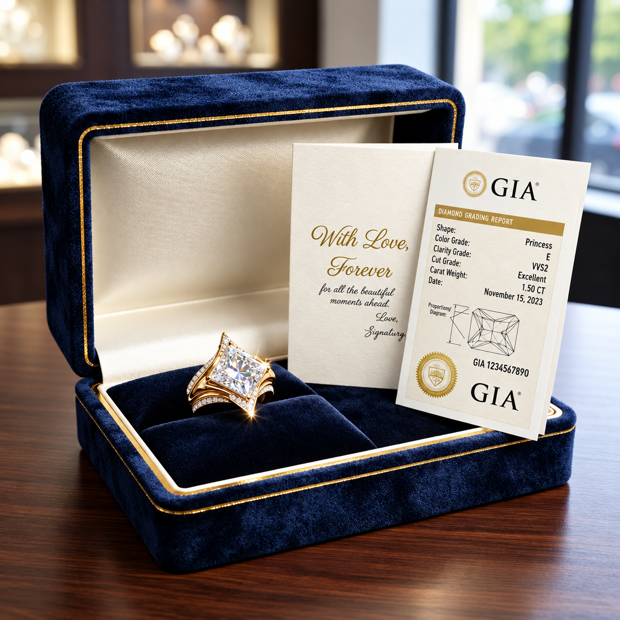 Original product image showing the ring with a presentation box and certificate card
