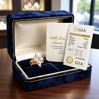 Original product image showing the ring with a presentation box and certificate card