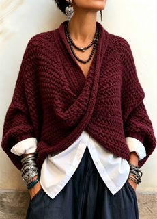 CrossKnit – 🤲⏰ Cozy Relaxed Batwing-Sleeve Crossover V-Neck Sweater
