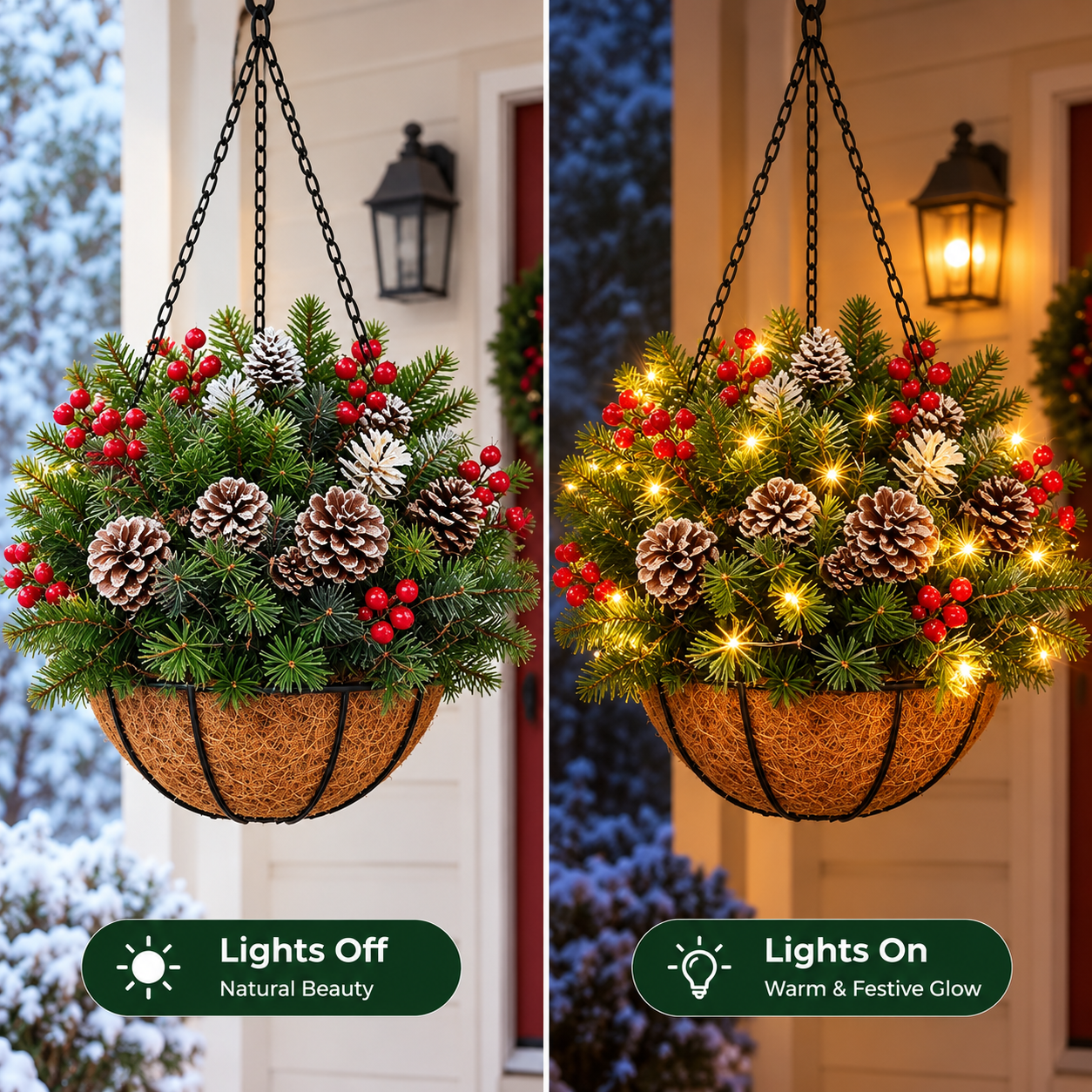 HollyGlow – 🎄🏆 Pre-Lit Christmas Hanging Basket | 🎄 Weather-Resistant & Zero Maintenance