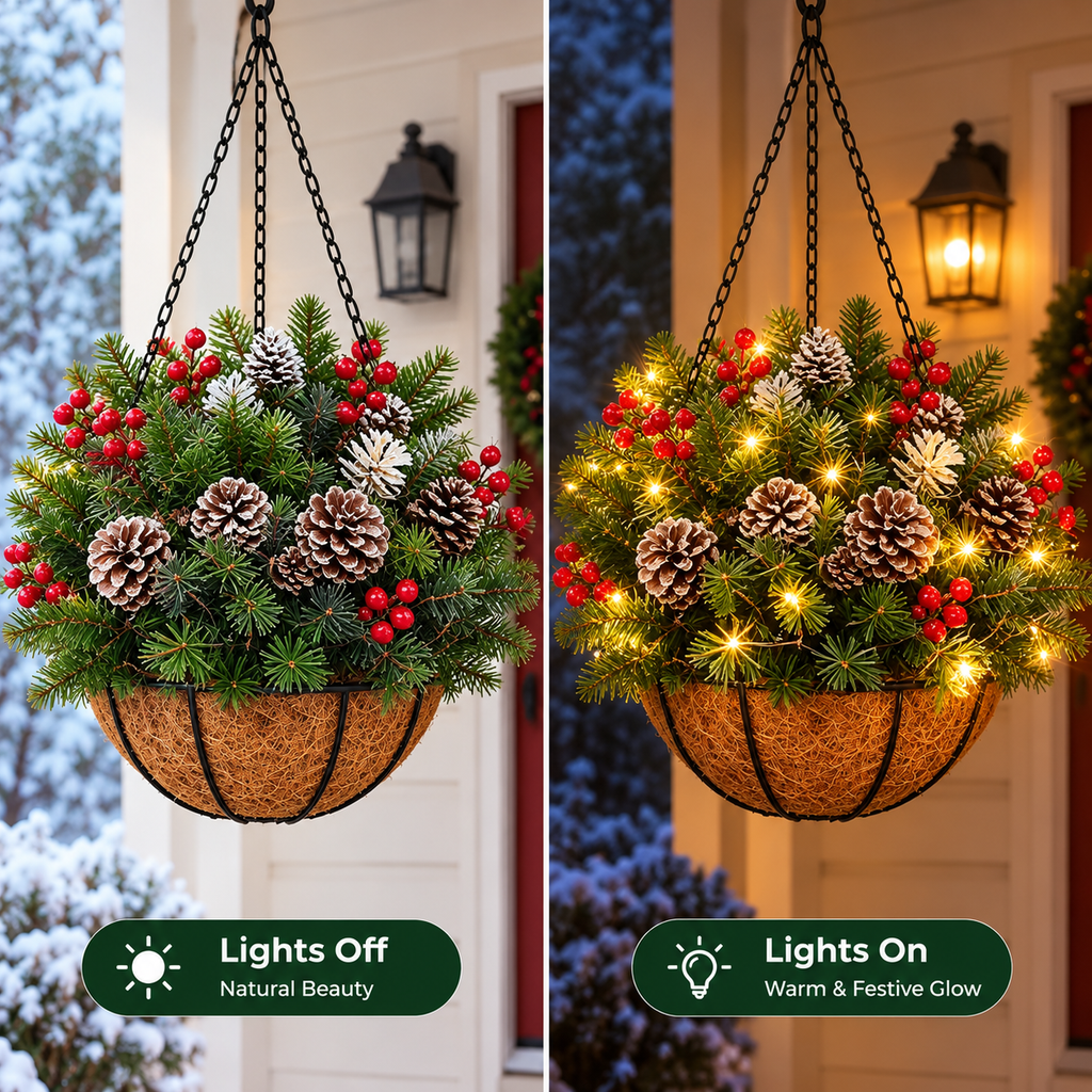 HollyGlow – 🎄🏆 Pre-Lit Christmas Hanging Basket | 🎄 Weather-Resistant & Zero Maintenance