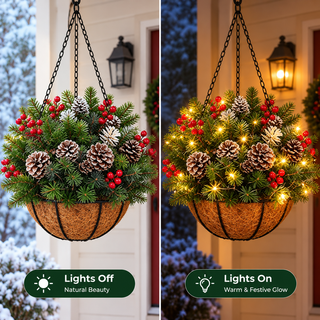 HollyGlow – 🎄🏆 Pre-Lit Christmas Hanging Basket | 🎄 Weather-Resistant & Zero Maintenance