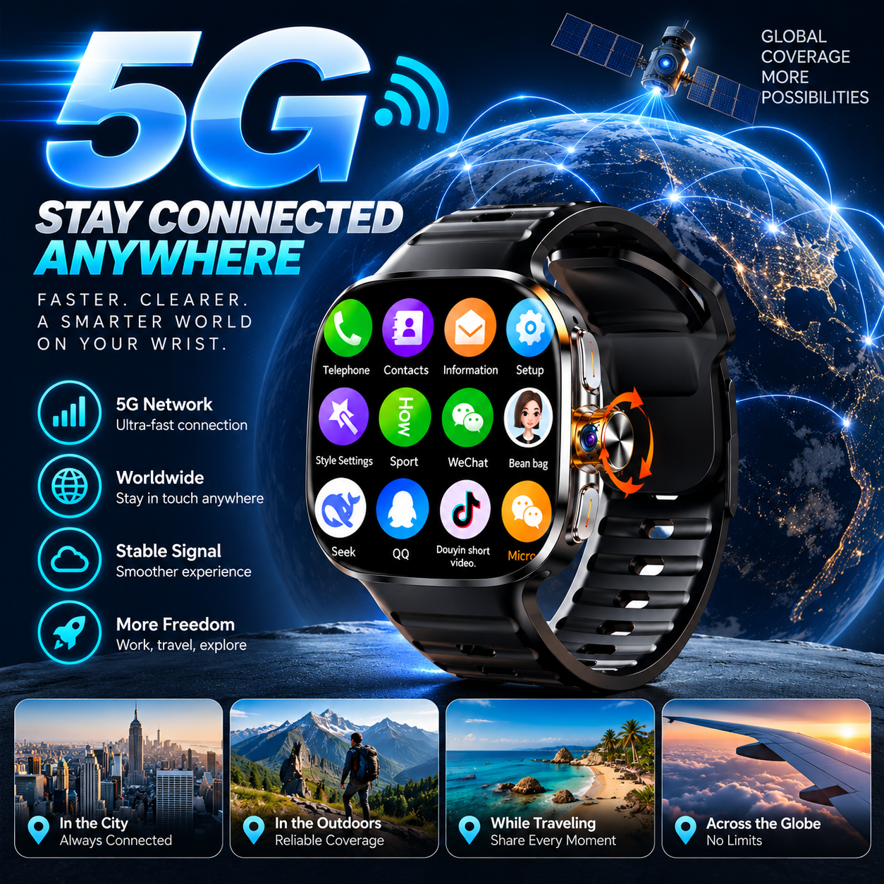 SwivelCam – AI 5G LTE Smartwatch Phone with Rotating Camera, GPS, Wi-Fi & SIM Card Slot