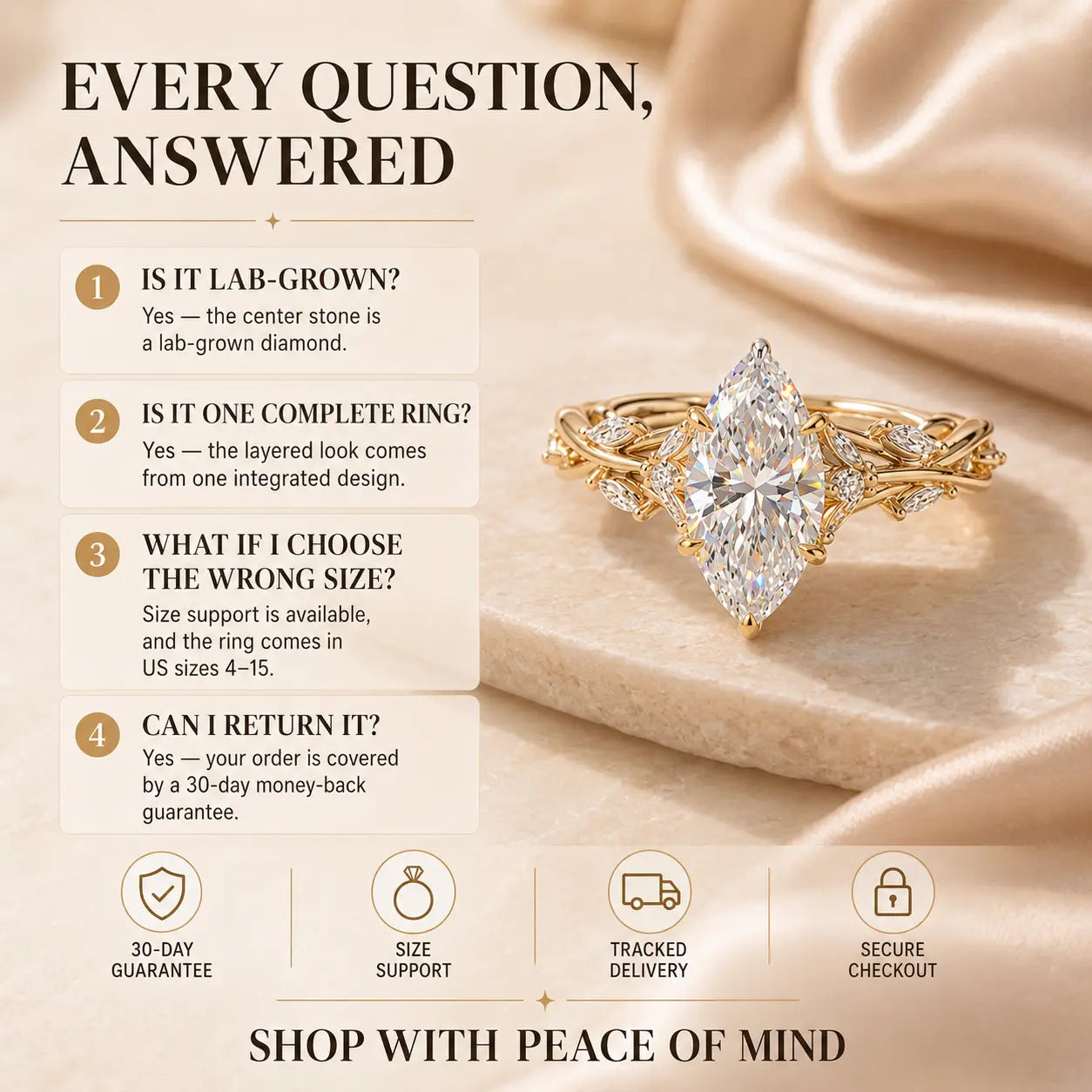 EverwildMarquise – 🔥 Lab-Grown Diamond Vine Ring in Gold or Silver