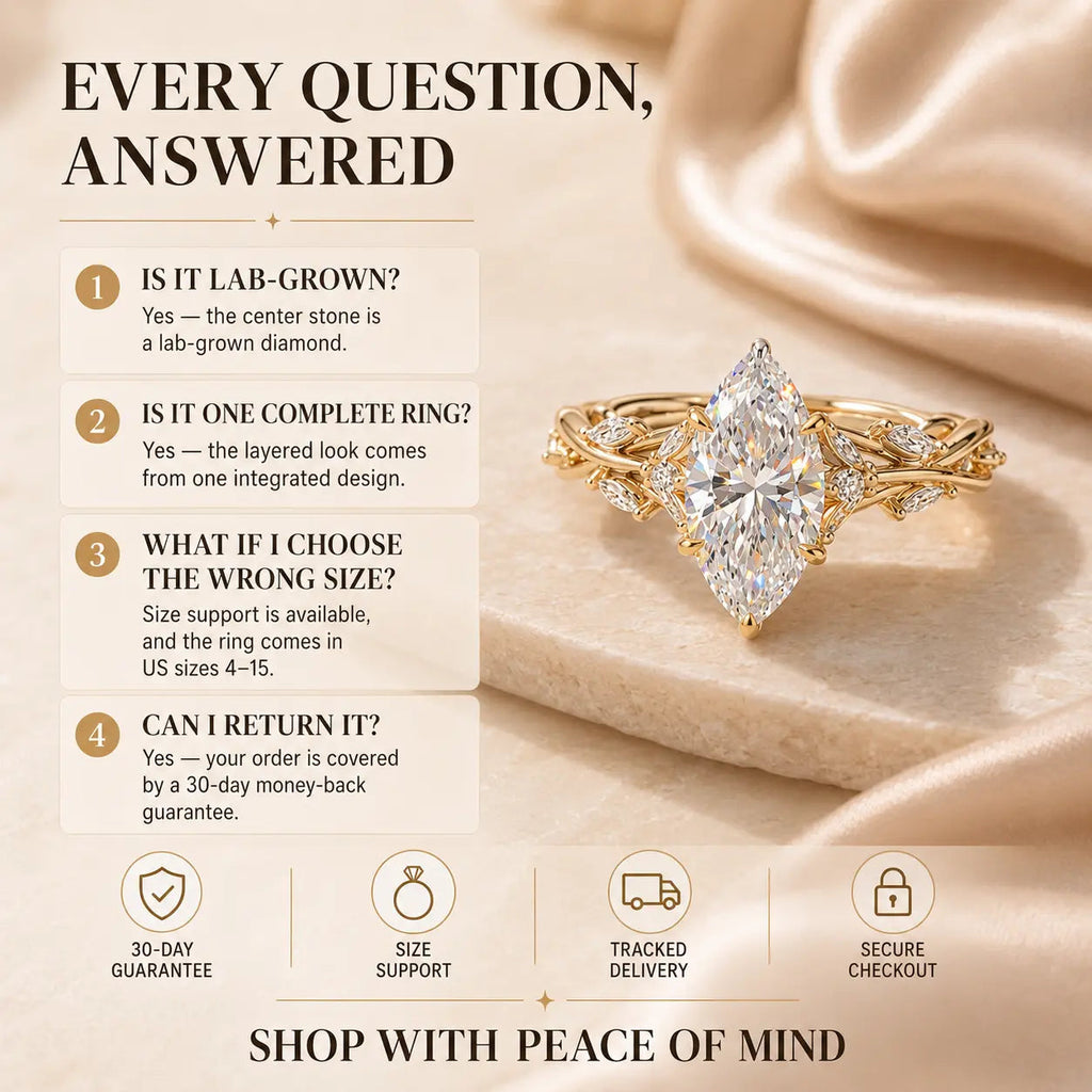 EverwildMarquise – 🔥 Lab-Grown Diamond Vine Ring in Gold or Silver