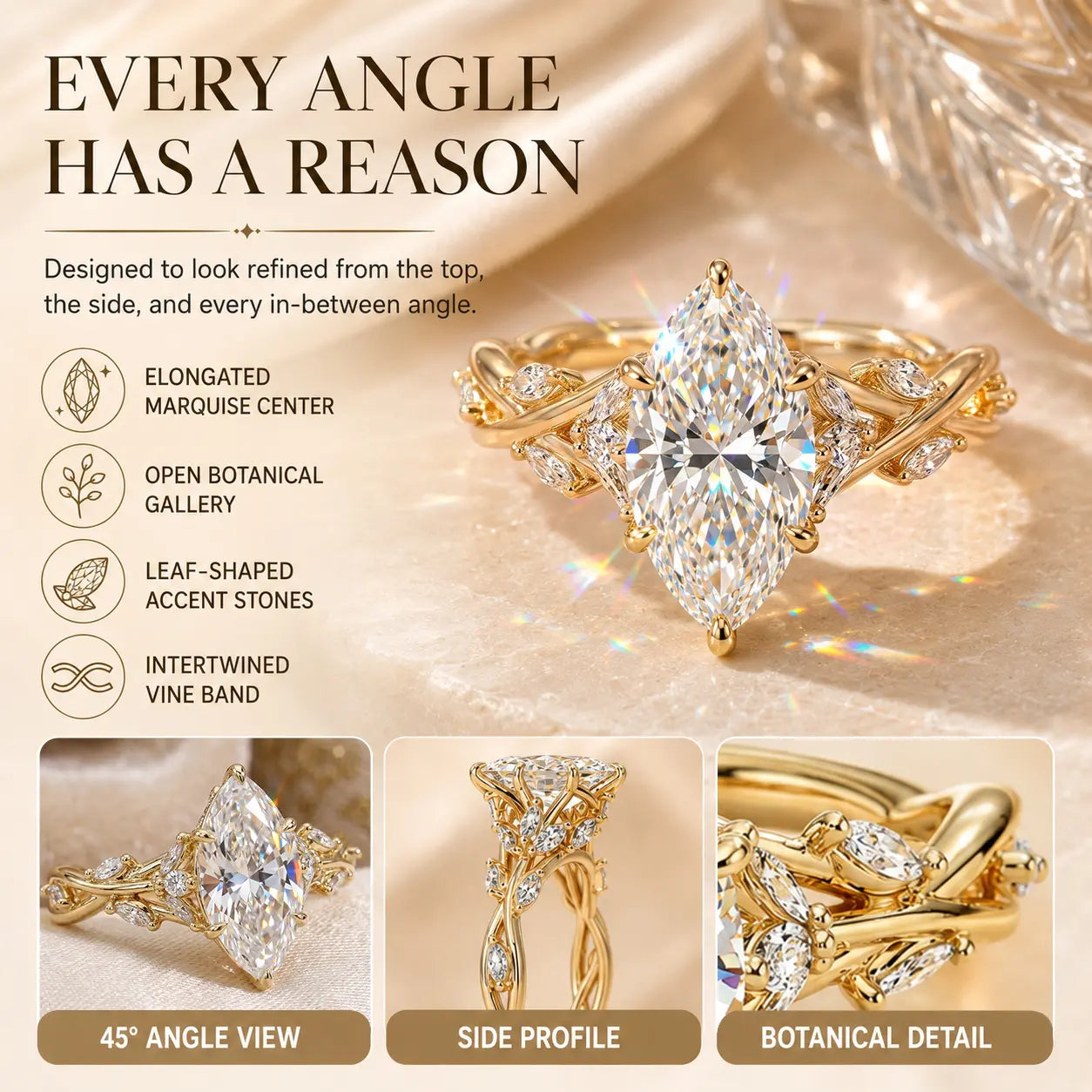 EverwildMarquise – 🔥 Lab-Grown Diamond Vine Ring in Gold or Silver