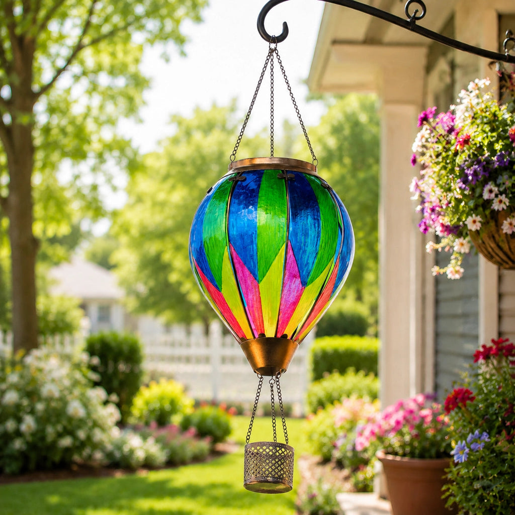 SkyGlow – Hand-Painted Hot Air Balloon Solar Lantern with Flame Effect