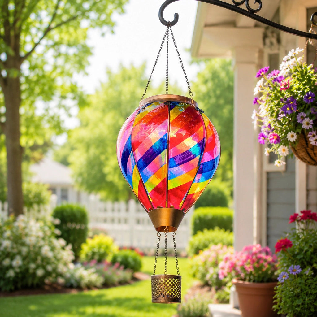 SkyGlow – Hand-Painted Hot Air Balloon Solar Lantern with Flame Effect