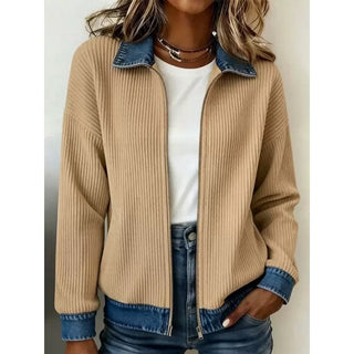 DenimRib – 🎁🔥 Women's Casual Ribbed Knit Zip-Up Jacket with Contrast Denim Details