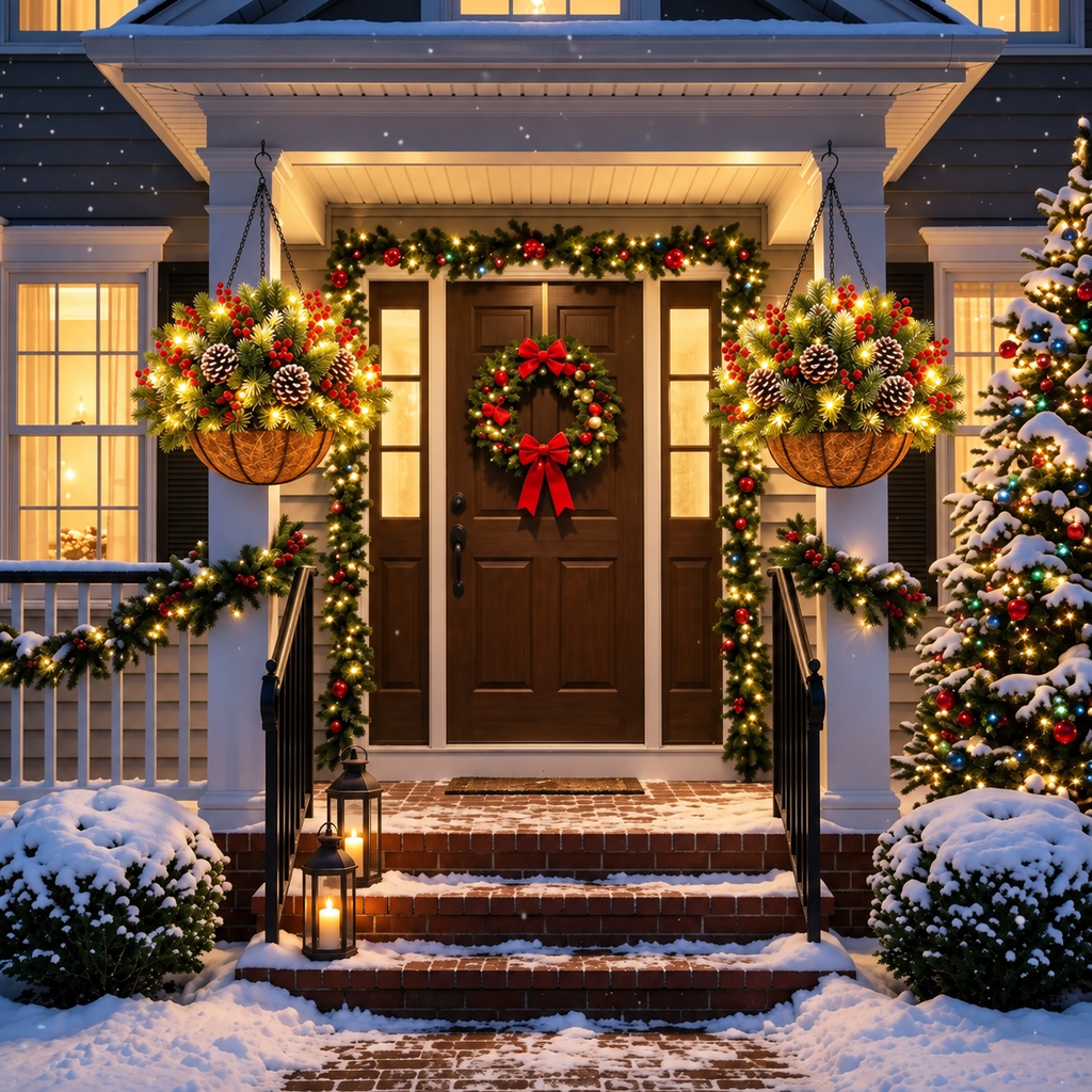 HollyGlow – 🎄🏆 Pre-Lit Christmas Hanging Basket | 🎄 Weather-Resistant & Zero Maintenance