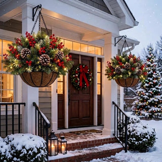 HollyGlow – 🎄🏆 Pre-Lit Christmas Hanging Basket | 🎄 Weather-Resistant & Zero Maintenance