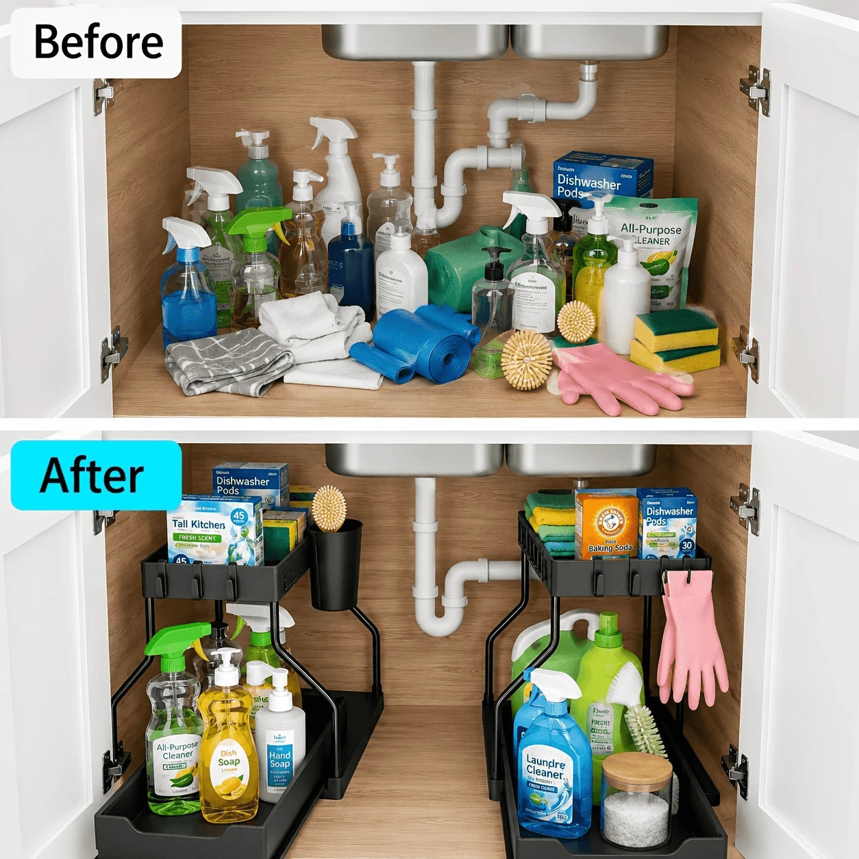 TidyTier – 2-Pack Pull-Out Under-Sink Organizers, 2-Tier Sliding Cabinet Shelves With Hanging Cups