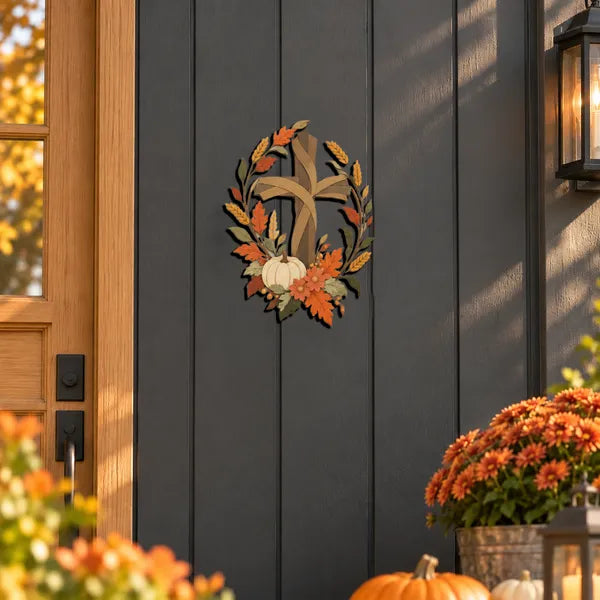 ✝️🍂 Autumn Cross & Pumpkin Harvest Metal Wall Decor