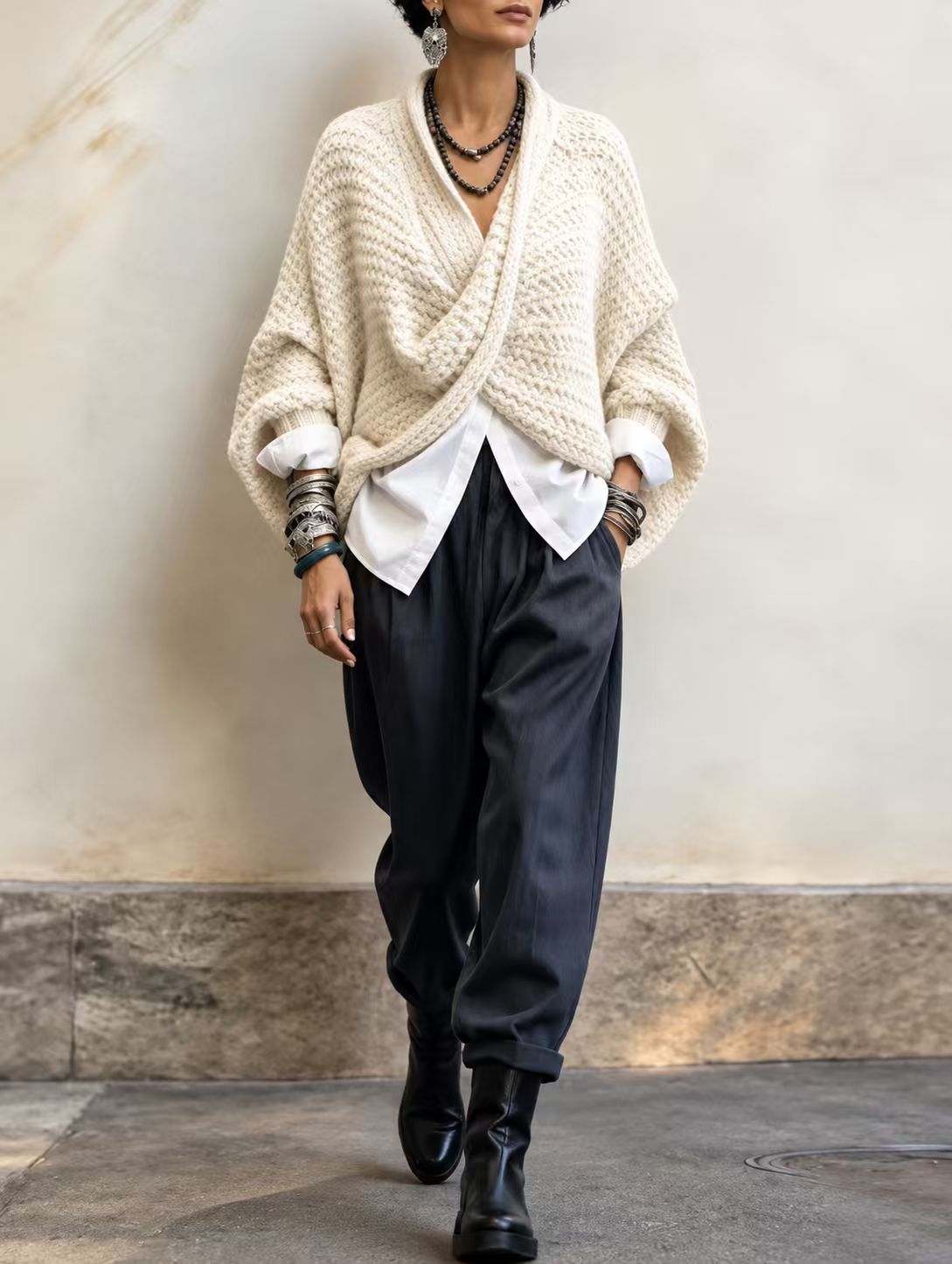 CrossKnit – 🤲⏰ Cozy Relaxed Batwing-Sleeve Crossover V-Neck Sweater
