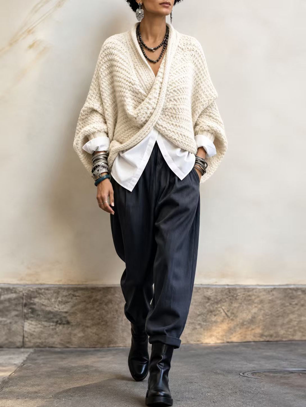 CrossKnit – 🤲⏰ Cozy Relaxed Batwing-Sleeve Crossover V-Neck Sweater